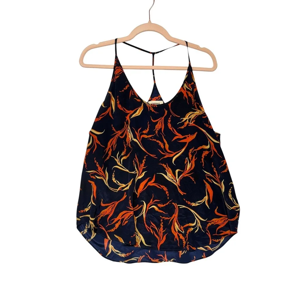 L'AGENCE Jane Silk Cami Tank Top Navy Blue Orange Wheat Floral Print Medium